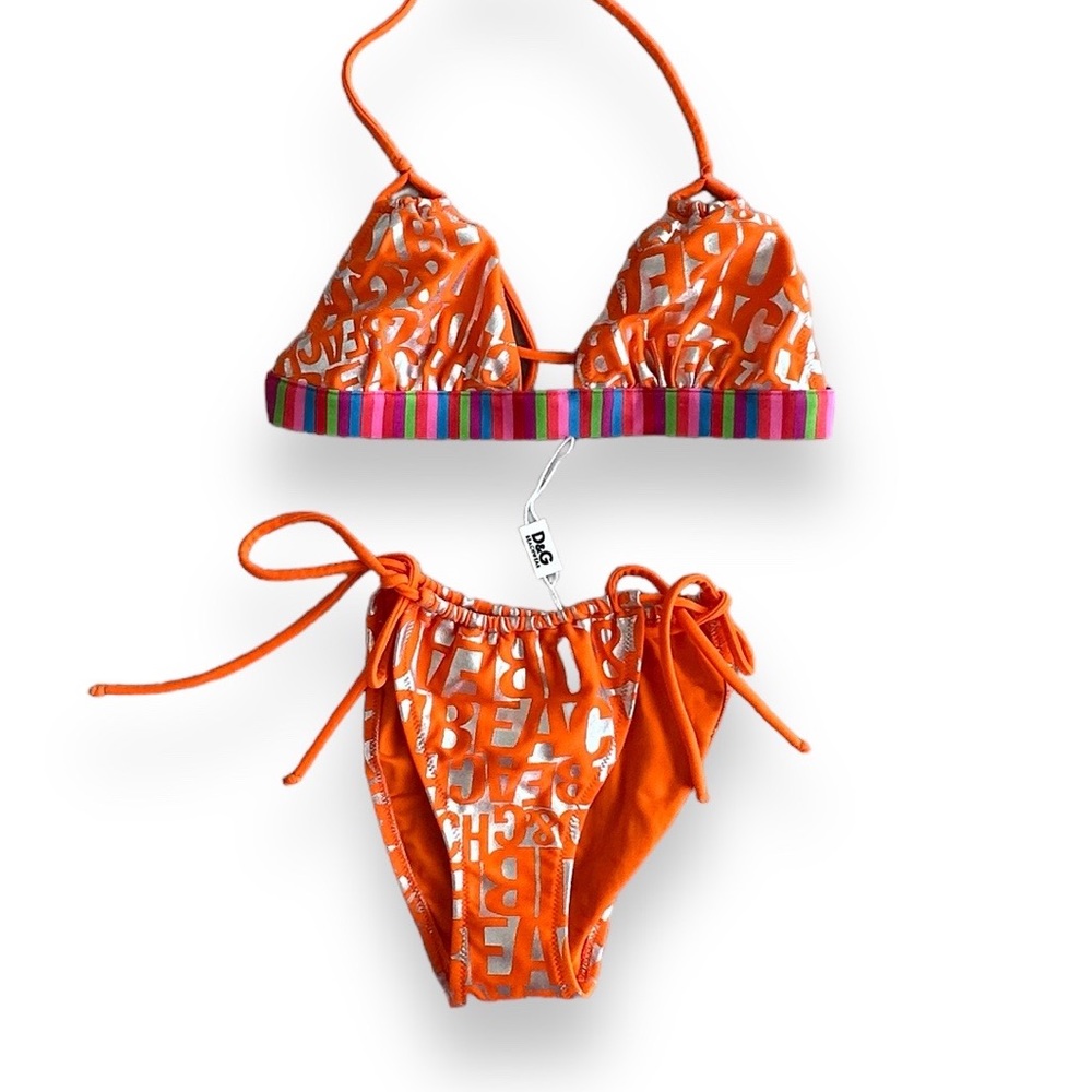 Dolce & Gabbana NWT Orange Silver metallic Monogram Logo string Bikini Y2K Small